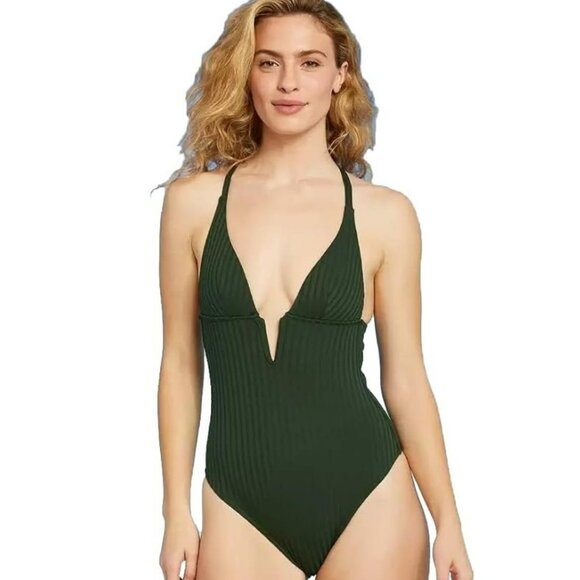 Women's NWT Shade & Shore Plunge Front V-Wire One Piece Swimsuit Size Medium - Picture 1 of 7